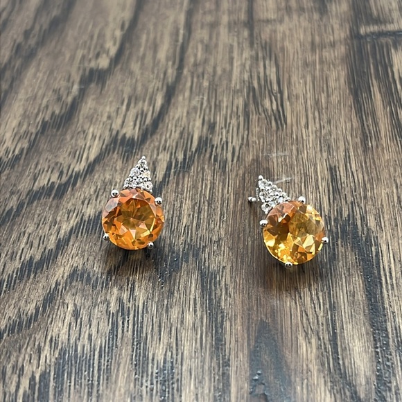 Earrings Orange Quartz Citrine Stud With Topaz Accent Stones Oversized  925 - Picture 4 of 10